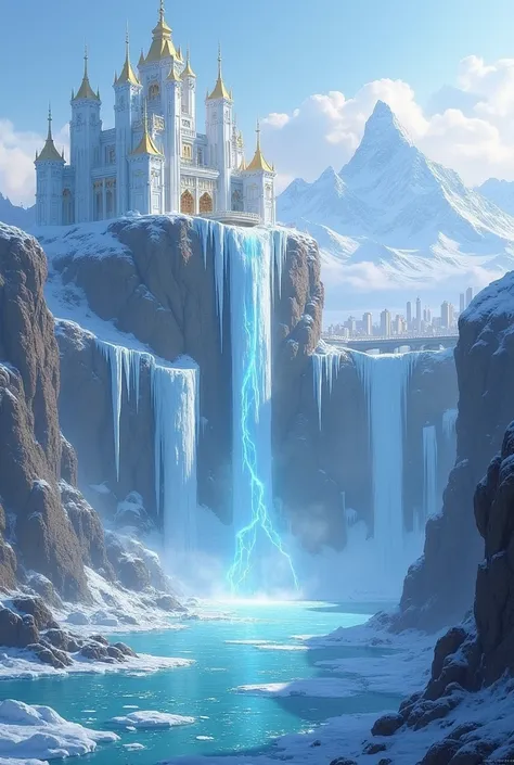  Draw a huge majestic palace on a waterfall winter frozen lake, big city nearby, Mountains