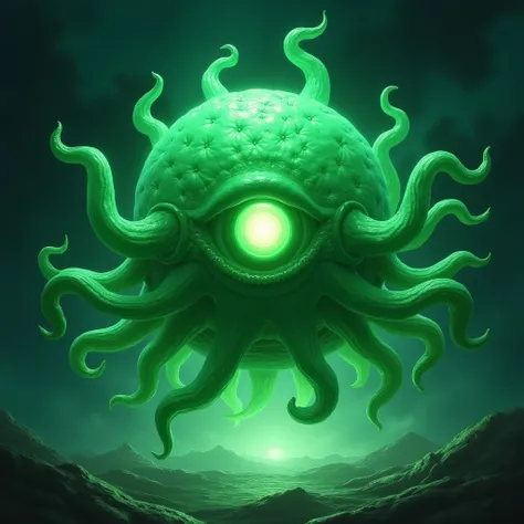  A Beholder made of a translucent emerald green energy ,  similar to the creations made by the DC Comics green lanterns. It will be floating in space . Crie ele como os monstros de Dugeons and Dragons, Hes a menacing monster with a big eye in the center of...