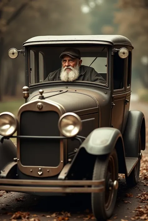 Old model rolls roes car ,one old man sitting on the car ,white beard with cap,oldest model photo