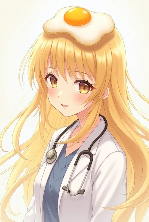 Megami-style blonde beauty Japanese female doctor illustration smiling head with fried egg accessory