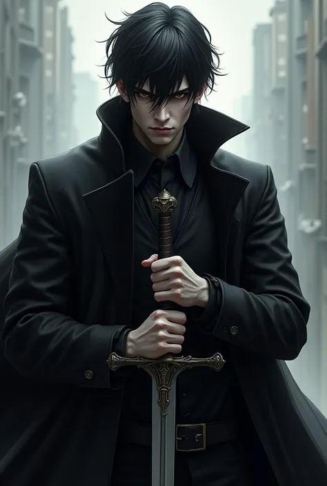  a man with short black hair ,  cold expression on pale face, dressed in a black coat ,  with a sword in hand 