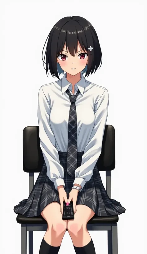 Teenage woman with black and short hair and with white anime watch and pink nails with schoolboy long-sleeved white shirt and plaid tie in dark gray and white and plaid pleated skirt in combination of dark gray and white colors, following a uniform pattern...