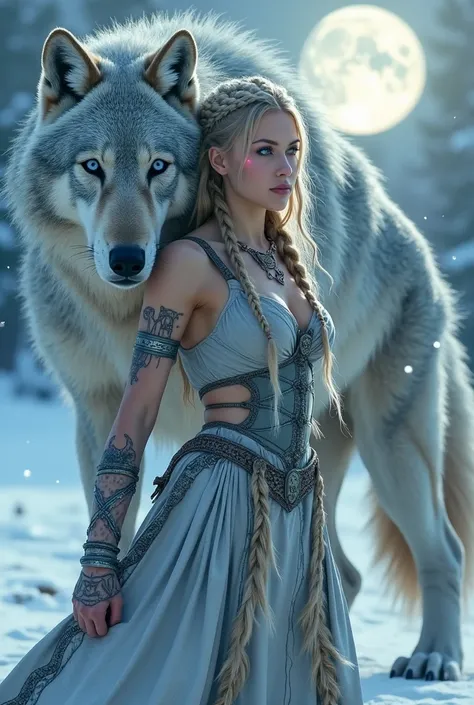 Fusion of Blonde Viking Woman and Giant Wolf

An awe-inspiring fusion of a blonde Viking shieldmaiden and a massive silver wolf, standing on a snowy battlefield. Her body is a blend of human and lupine features: her arms are strong and clawed, covered with...