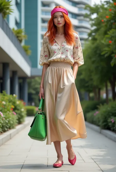 Create a women with a vibrant red hair styled loosely stands in a vibrant urban setting, showcasing the epitome of 2023s style. She wears a flowing silk midi skirt in a soft beige with a smocked waistband, paired with a light, airy blouse featuring modern ...