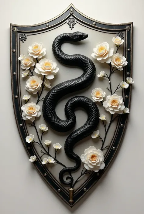 Realistic shield with a black snake wrapped in the middle of white camellias in the center