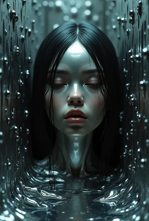 A girl with a chrome face, walled up in a chrome liquid metal wall, with black latex rods sticking out of the iron 