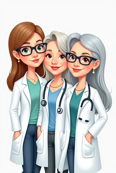  I would like to create a cartoon-style image of three people, , two women and one man .  The first woman is 30 years old ,  dark blond hair  , dark green eyes and wears glasses .  The second woman is 50 years old ,  few wrinkles ,  has gray hair and long ...