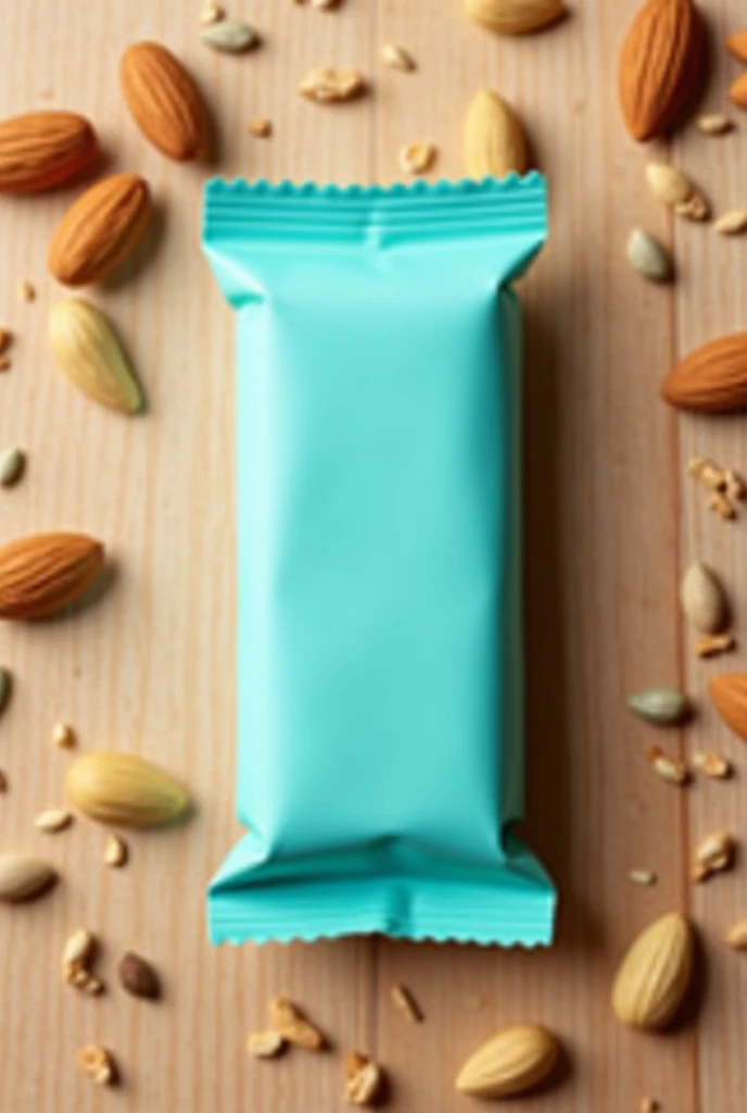 closed granola bar packaging in turquoise color on light brown wooden background with nuts like almonds, flex seed, peanuts, sunflower seeds scattered randomly all over background