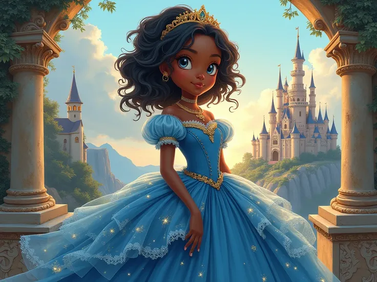  beautiful princess 、 Princess Girl 、A full-body image of a black princess that looks like a cute picture book、 turn around、The background is a castle、 sparkle、 dress、bad fingers, bad hands, missing fingers、 proportions and detailed textures 、 multi-colore...