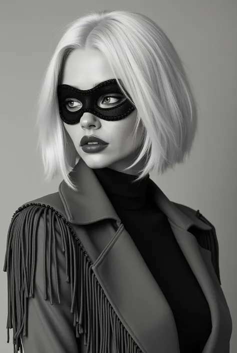 1 woman , 35 years, slim , gray jacket with fringe on the shoulders , white hair, big lips , Smug face, portrait, a mask, black and white photo , best quality, in detail, high detail, high quality, Gradient hair, 