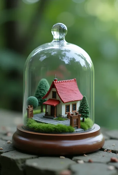 Create a transparent glass bell ,  inside the bell, a miniature city with a red-roofed house and green floors