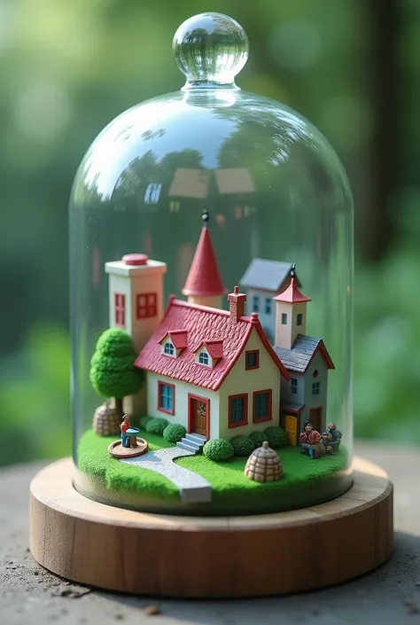 Create a transparent glass bell ,  inside the bell, a miniature city with a red-roofed house and green floors