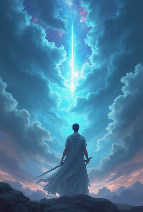 Picture of the sky with one man in the meddle taking his sword withe magic background 