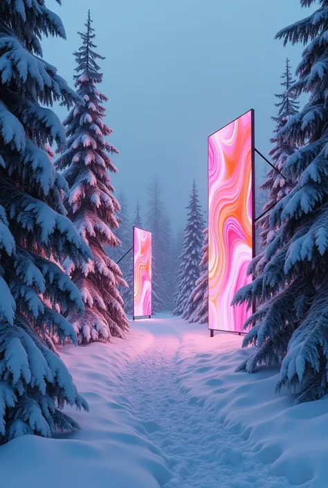 Draw ,  LED screens that stand in snowdrifts against the background of Christmas trees 