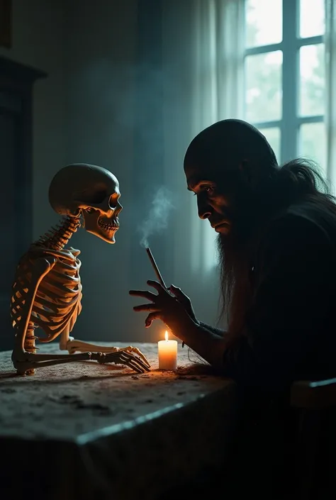 A skeleton who is talking to a black spirit who looks like a demon, and both of them have a cigarette in their hands, and there is a dark space around them, and their only light is a candle that is placed on the table and a ray of light that hits them from...