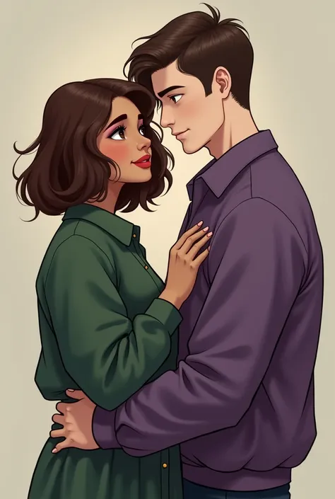 I want an image of two boyfriends: a tall brunette girl skin lightdark, short shoulder-length hair, brown eyes, big red lips and thick eyebrows, voluminous body type dressed in green, and the guy tall white, average body, thick eyebrows, small brown eyes a...