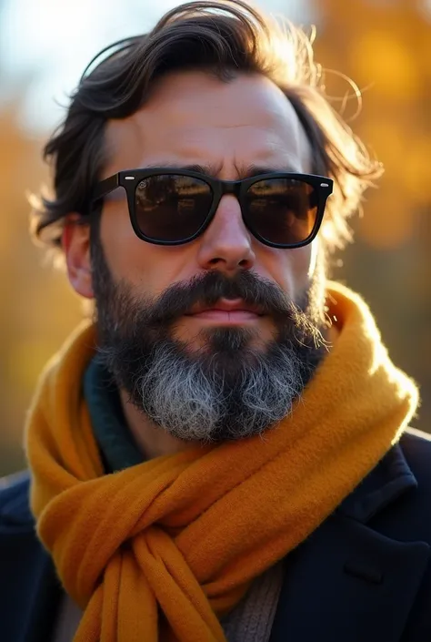 there is a man with a beard and sunglasses wearing a scarf, a portrait inspired by Gianfredo Camesi, pexels, op art, sunglasses and a scarf, wearing a scarf, fall season, wearing a parker, in sunny weather, flowing golden scarf, autumn season, in the sun, ...