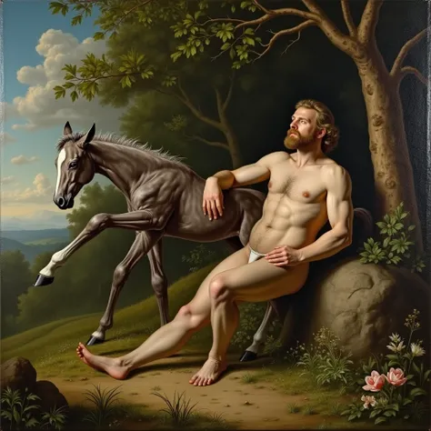  A baroque style painting with the scene of a man on the ground resting his back on a stone,  with their backs to the spectator and censoring their private parts ,  giving birth to a small 8-legged foal with speckled dark gray , all in a natural environmen...