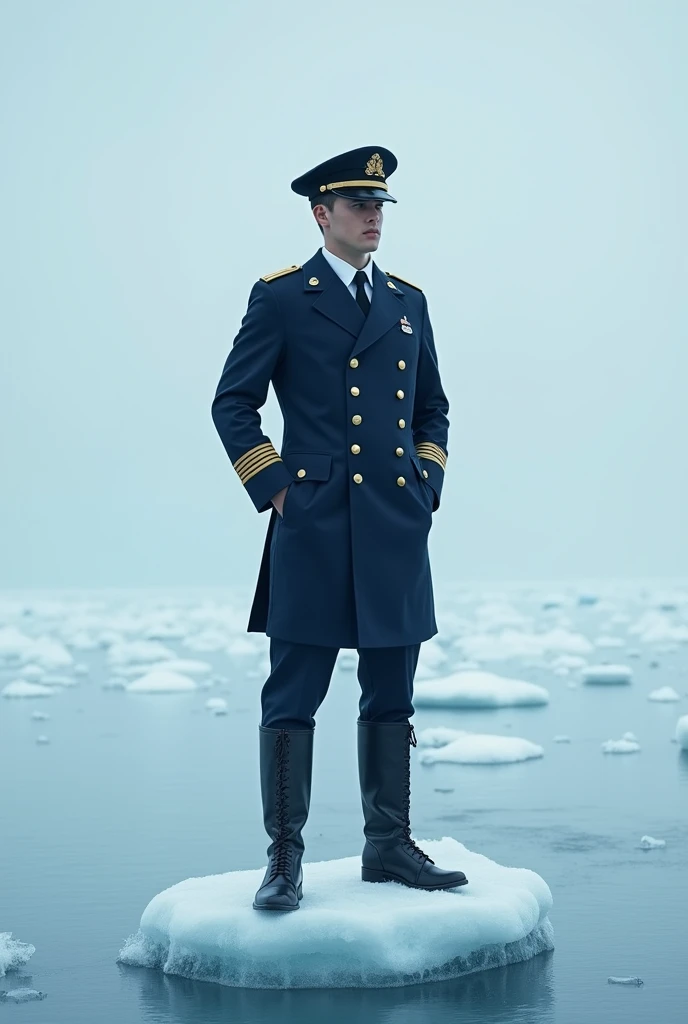 Young capten facing kebellum seen left standing on ice pole wearing hat and navy suit