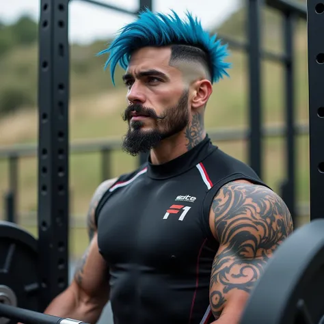  Full body .  Mens blue hair in tousled high fade style,  Italian-style mustache and beard , muscular,  defined jaw , tatuajes.  with a sports outfit that says black f1 with white and red lines on the side, He is in an outdoor gym doing weights with bars 