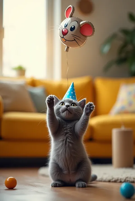 "A gray cat with large, expressive eyes is sitting in a cozy living room with a yellow sofa in the background. The cat is wearing a small blue party hat with white polka dots and is desperately trying to catch a floating balloon in the air. Its paws are st...