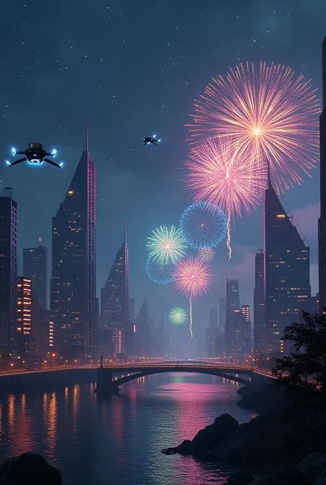 Create me a background with a not very realistic night city and drones drawn flying in the sky and fireworks 