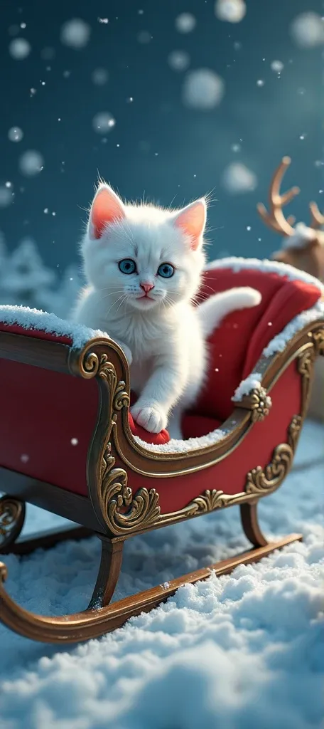 Photorealistic high-quality white kitten flies on a Santa Claus sleigh