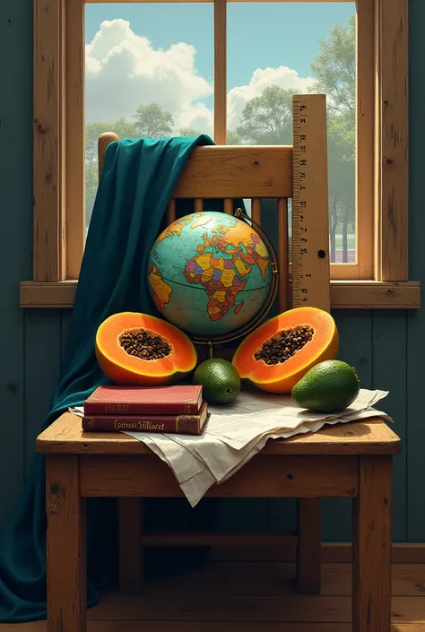 a still life on a wooden chair , wooden house with a terrachian globe, cloak , Papaya, avocado, Dictionary, Big rules , roll of paper,  window overlooking the basketball court 