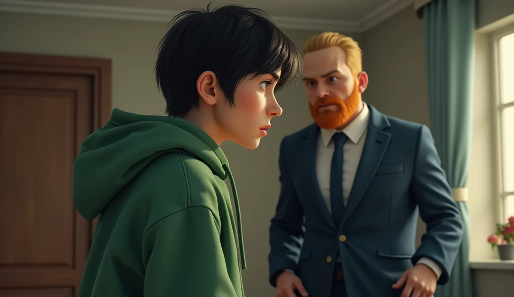 The tall 20-year-old man,  black hair with bangs , He wears a green hoodie and green pants ,  is at home with his big tall blonde father with a red mustache, In a dark blue suit and black shoe the father is very angry .  ultra realistic 