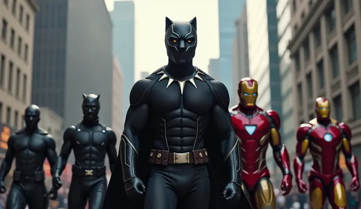 marvel heroes including black panther, moon knight, captain america, thor, iron man funny stance in a cyborg city with the black panther being the center of attraction and everyone being in their authentic superhero costume as in movie 