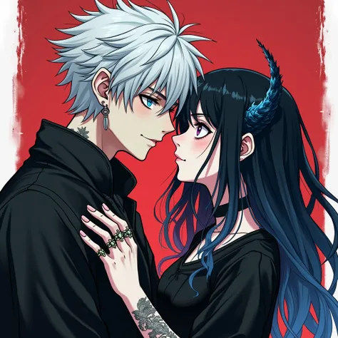 A COUPLE,  post-apocalyptic manga style ,  the white-haired boy , with hoops,  expansion on his ear and tattoos  ,  on his hand there is a wolf tattoo ,  the girl has black hair ,  with blue locks ,  tattoos and rings , Goth style, anime dark , Tokyo Ghoul...