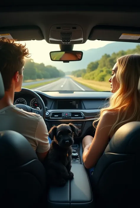 Create an image from the perspective of the back seat of a BMW with a blond male and female couple driving with a black Yorkshire puppy