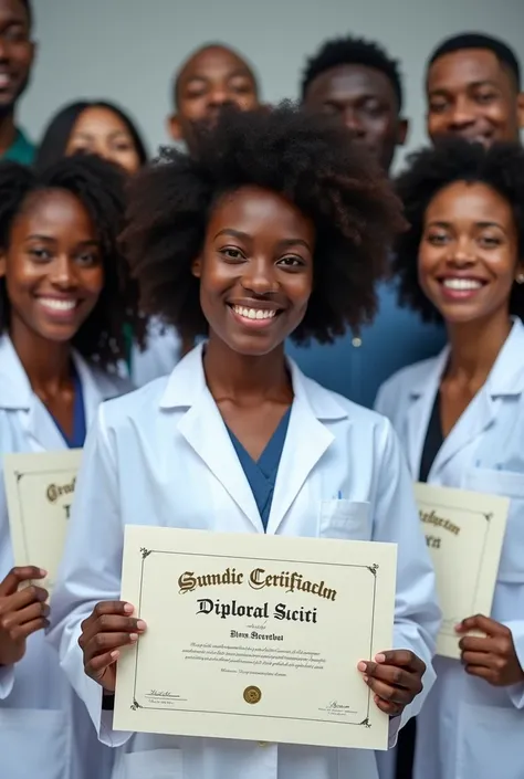 Des jeunes lauréats noirs en blouse bleu tenant des diplômes en main 