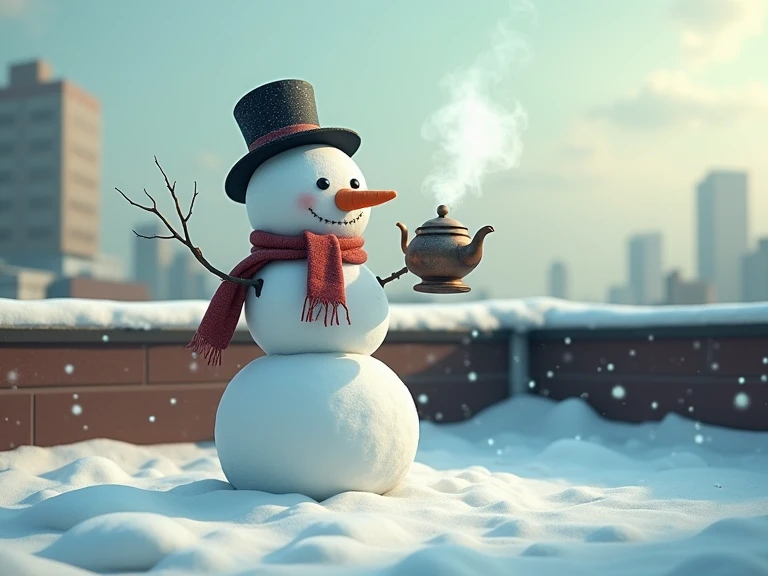 A snowman using a steamer  on a snowy rooftop during winter