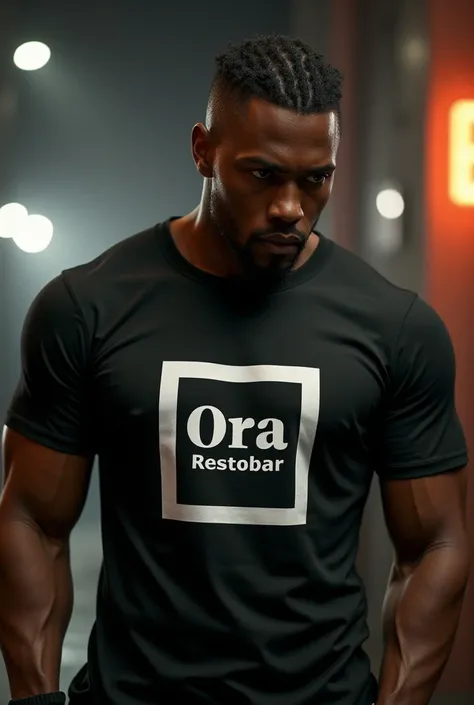 African guy wit muscles and bob style hair and look criminal and wearing black shirt with "ORA restobar" logo inside a white square 
