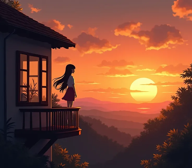 Create an image in 16   : 9 of the silhouette of a girl on the balcony of her house watching the horizon at sunset