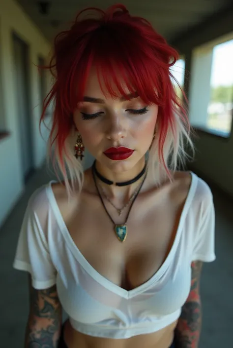 drop dead gorgeous gothic girl, looking downwards, camera view from down below, eyes closed, 1, German and Mexican mix, wearing a translucent too short white t-shirt, tattoos, red lipstick, flat chest, short red hair with white highlights, twisted half-up ...