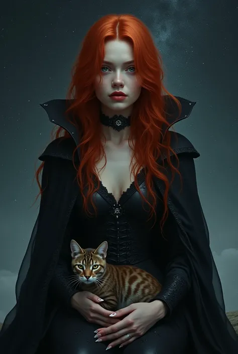 Create an image of a red-haired woman, medium size, dressed in black, long nails, with a cat on her lap, on a starry background