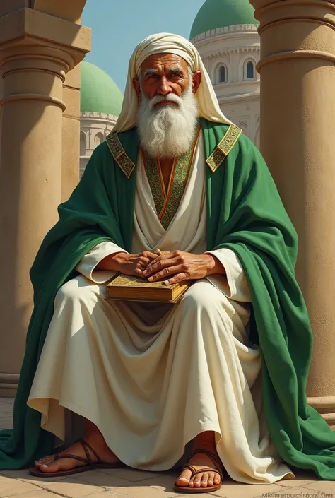  prophet moses wear a white dress and green shawl and hold a book sitting in madina green domb