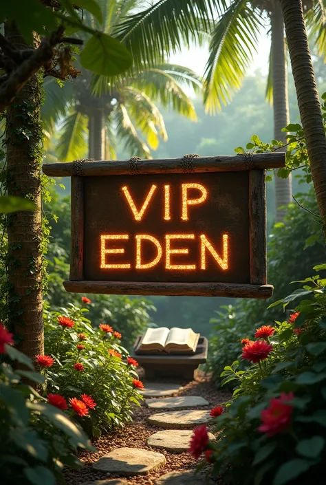 a sign written: Vip Eden!
in a sunny garden in Rio de Janeiro in the background a bible with warm lights