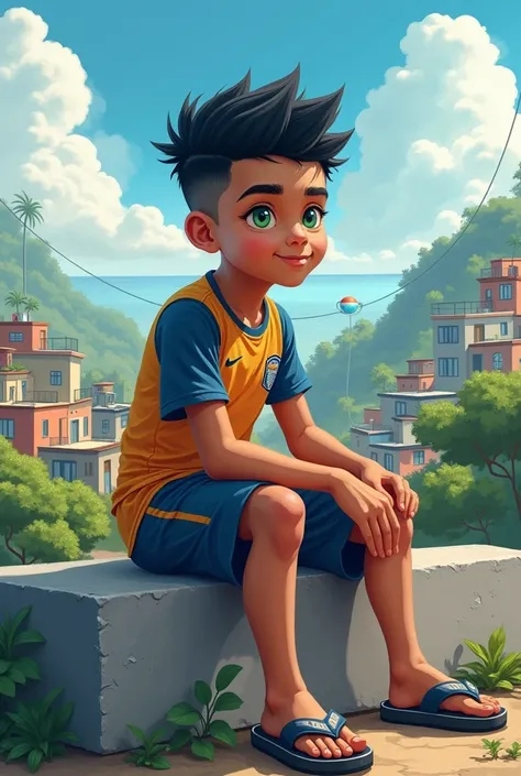  create a boy sitting on a cement bench , typical brazilian.  This boy has a green eye and the other blue .  He wears a team jersey , shorts and a flip flop .  His skin color is tan .  His hair will be a futuristic hairstyle ,  something that is not accide...