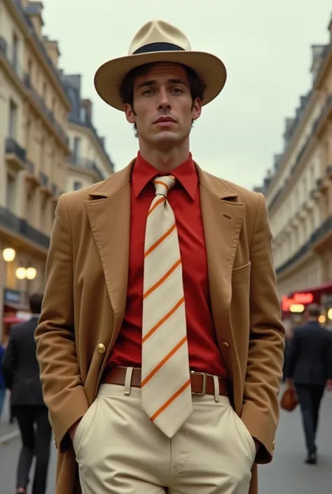  A skinny 60s Parisian boss , with brown hair, The light brown eyes , clean-shaven,  60s Parisian wearing a red shirt , giacca sbottonata color panna,  wide tie in white regimental style with orange stripes,  cream-colored pants and large cream-colored hat...