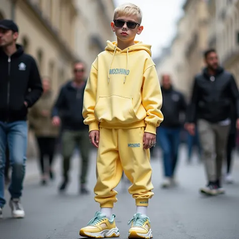 full view body of a cute blond young model guy with blond undercut stylish perfect short haircut, wearing very large pale-yellow Moschino luxury hooded sweater and sweatpants, white Moschino socks, pale-yellow & pale-blue Moschino chunky sneakers, lots of ...