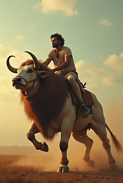 there is a man riding on the back of a bull, a picture by Jitish Kallat, trending on Artstation, samikshavad, edited, stunning vfx, movie promotional image, the man riding is on the lion, hd wallpaper, shot on iphone 1 3 pro max, morning shot, cover shot, ...