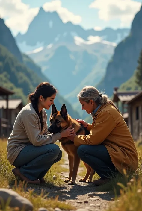 A small town surrounded by mountains and several people caressing even the worst German shepherd 