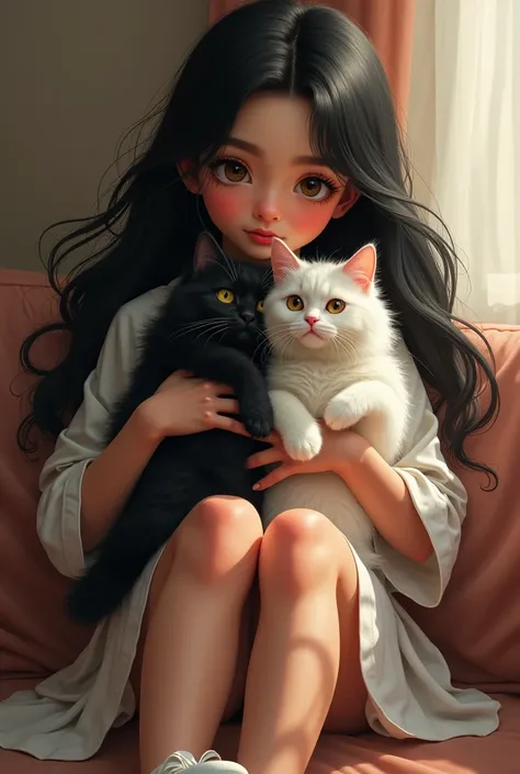 An Iranian girl with long black hair has a fluffy black cat and a beauty of the Persian race in her arms, and the girl has a demonstration skate shoe to her feet