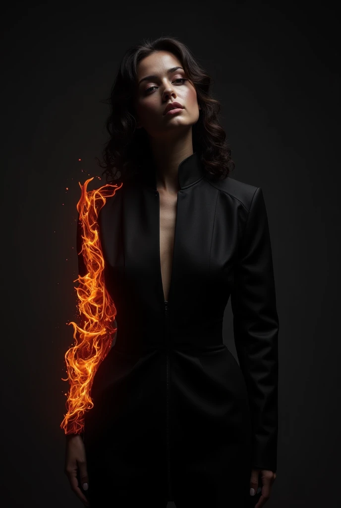  Black navel jacket with a pattern of flames that degrade to black , that has a flame pattern on one sleeve and that the color on the other is black 