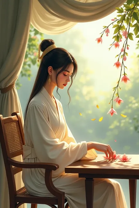  Ba Lan was sitting on a wooden chair under a canopy, her hand lightly touched a flower that fell on the table .