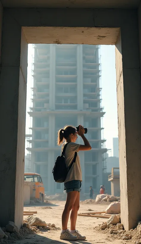 a girl outside at the entrance of a building taking photos of the building under construction 