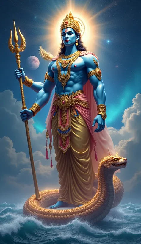 A towering and majestic depiction of Lord Vishnu in a celestial setting, exuding divine grace and strength. His tall, commanding figure is adorned with a glowing golden crown encrusted with jewels, radiating celestial light. His blue-hued skin emanates a c...